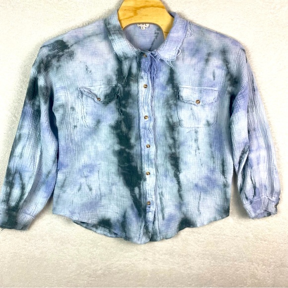 POL Womens Sz L‎ Tie Dye Rough Cut Oversize Long Sleeve Button Down Gauze - Picture 1 of 8
